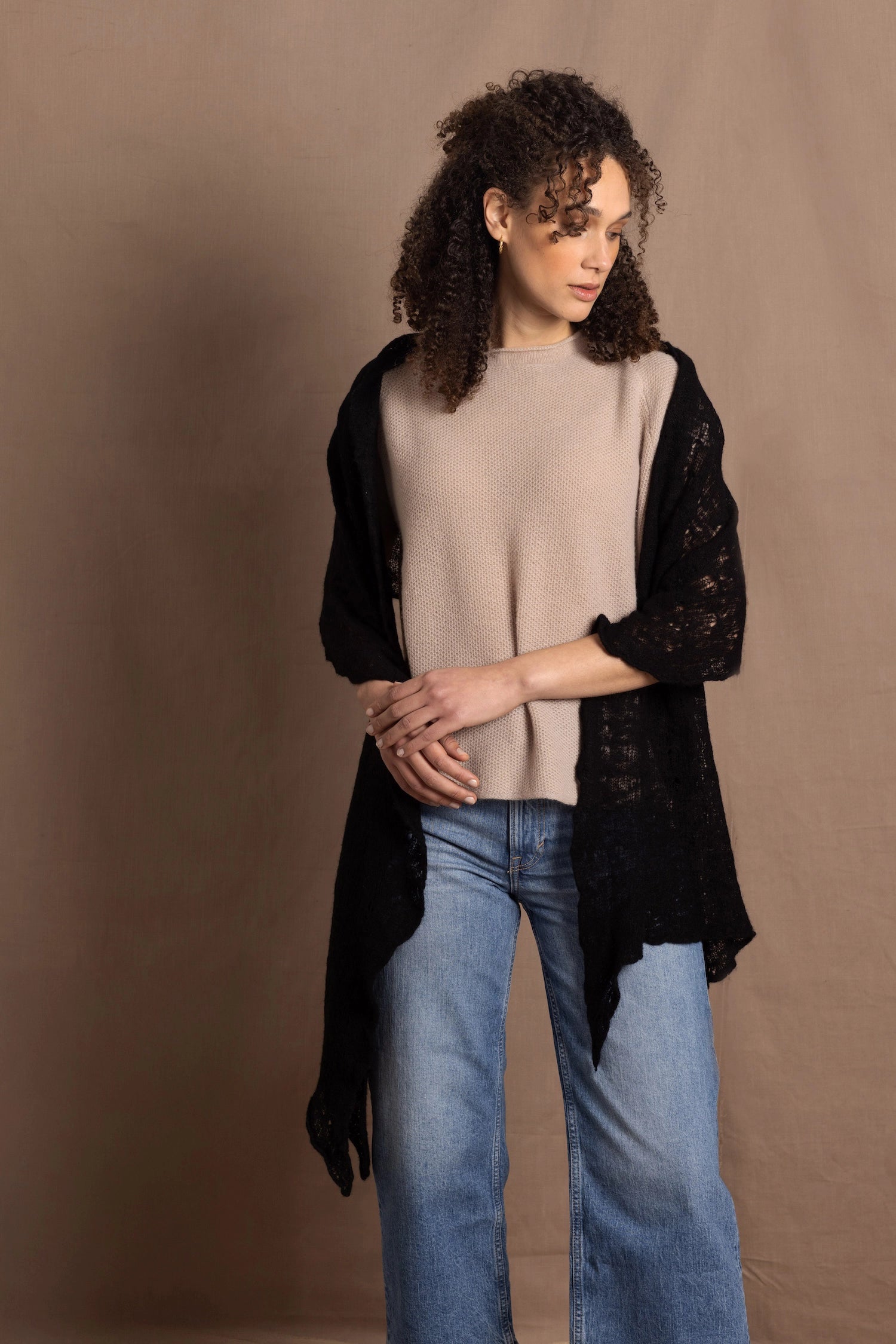 100% Cashmere Lace Wrap Shawl in Black