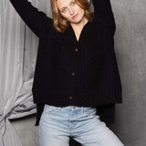 Cashmere Aran Cardigan Sweater in Black