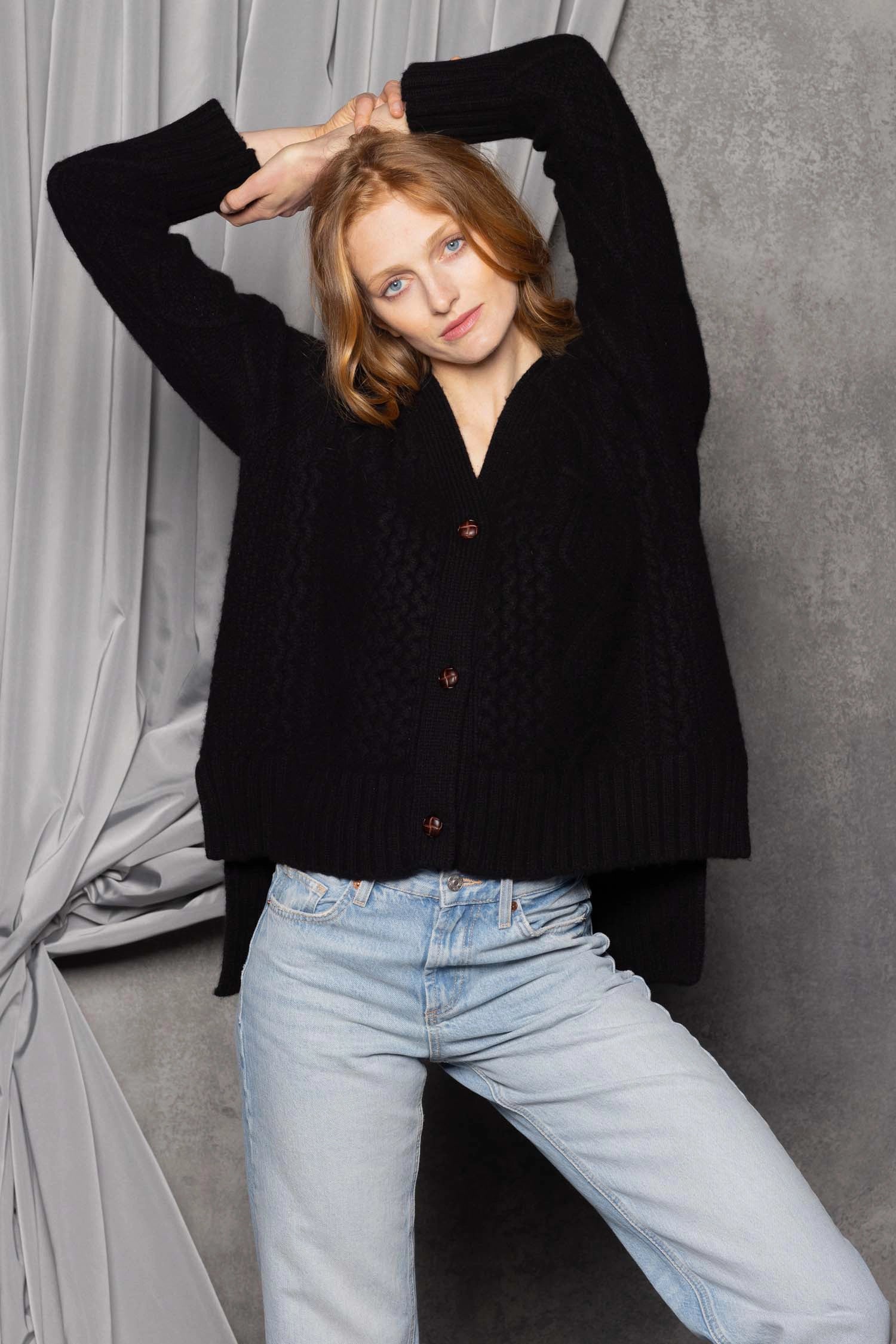 Cashmere Aran Cardigan Sweater in Black
