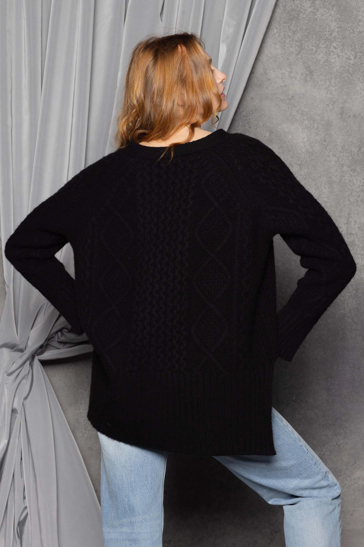 Cashmere Aran Cardigan Sweater in Black
