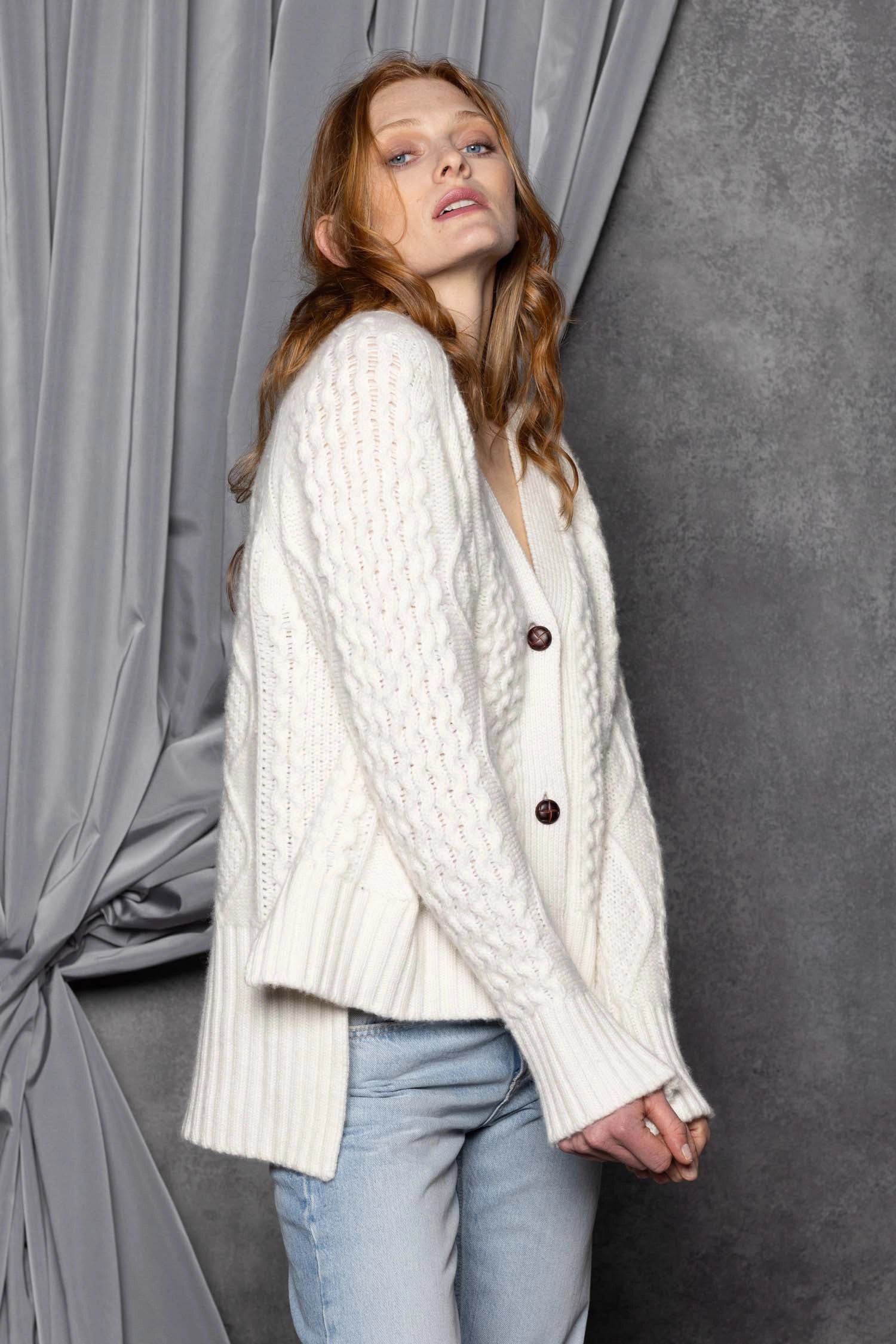 Cashmere Aran Cardigan Sweater in Cream