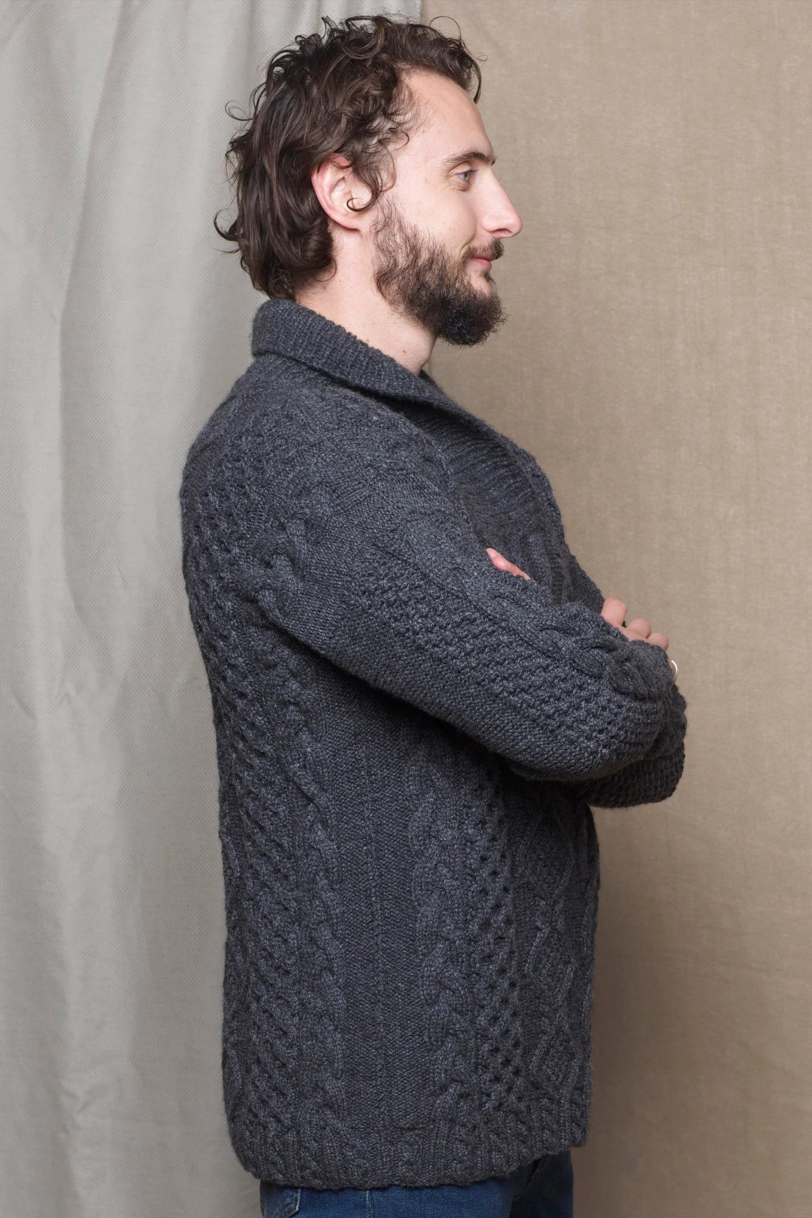 Luxury Cashmere Aran Sweater Mens in Grey