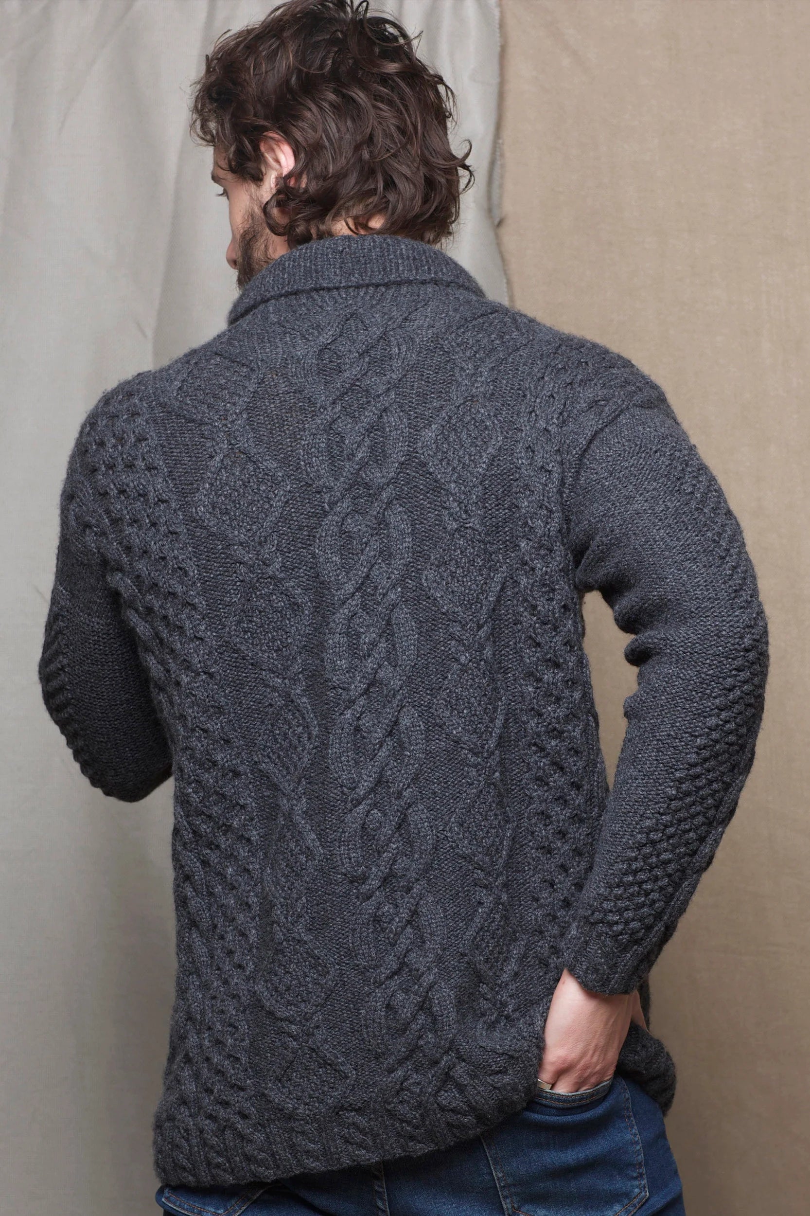 Luxury Cashmere Aran Sweater Mens in Grey