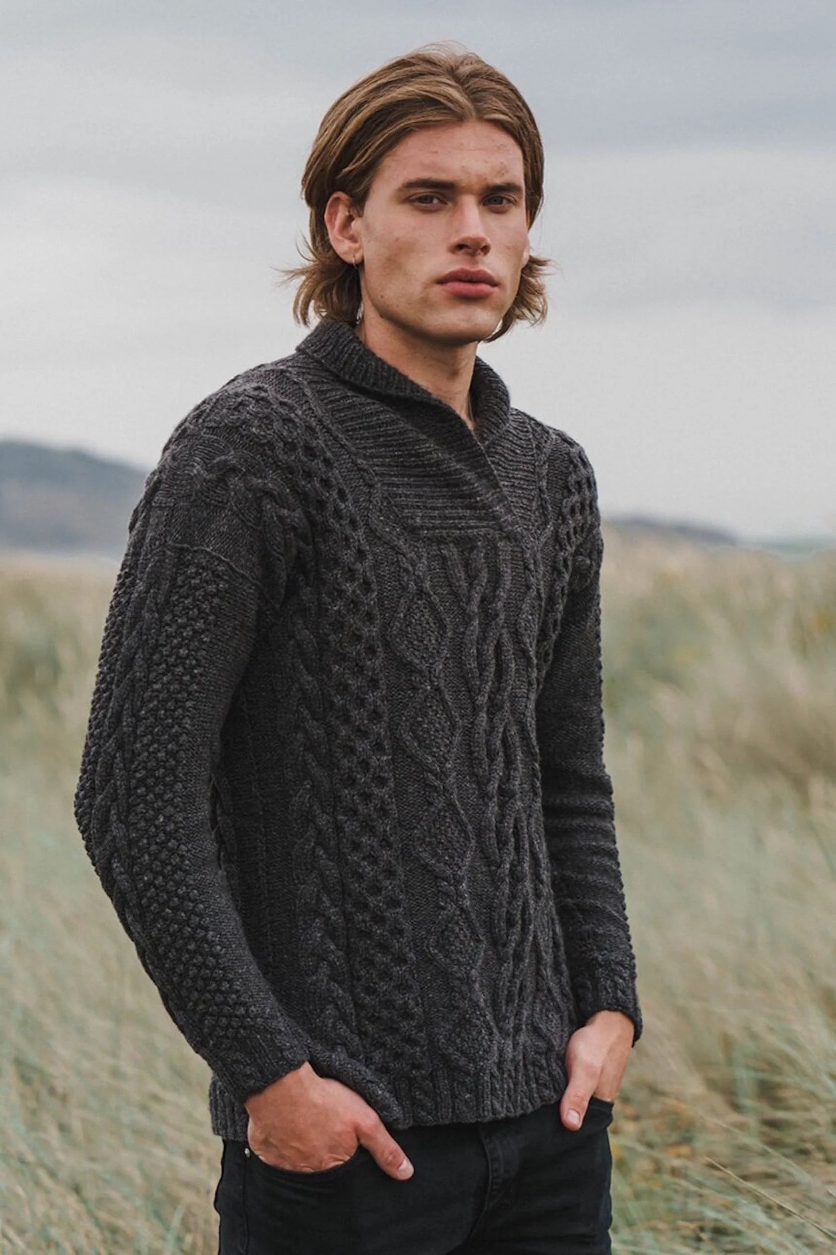 Luxury Cashmere Aran Sweater Mens in Grey
