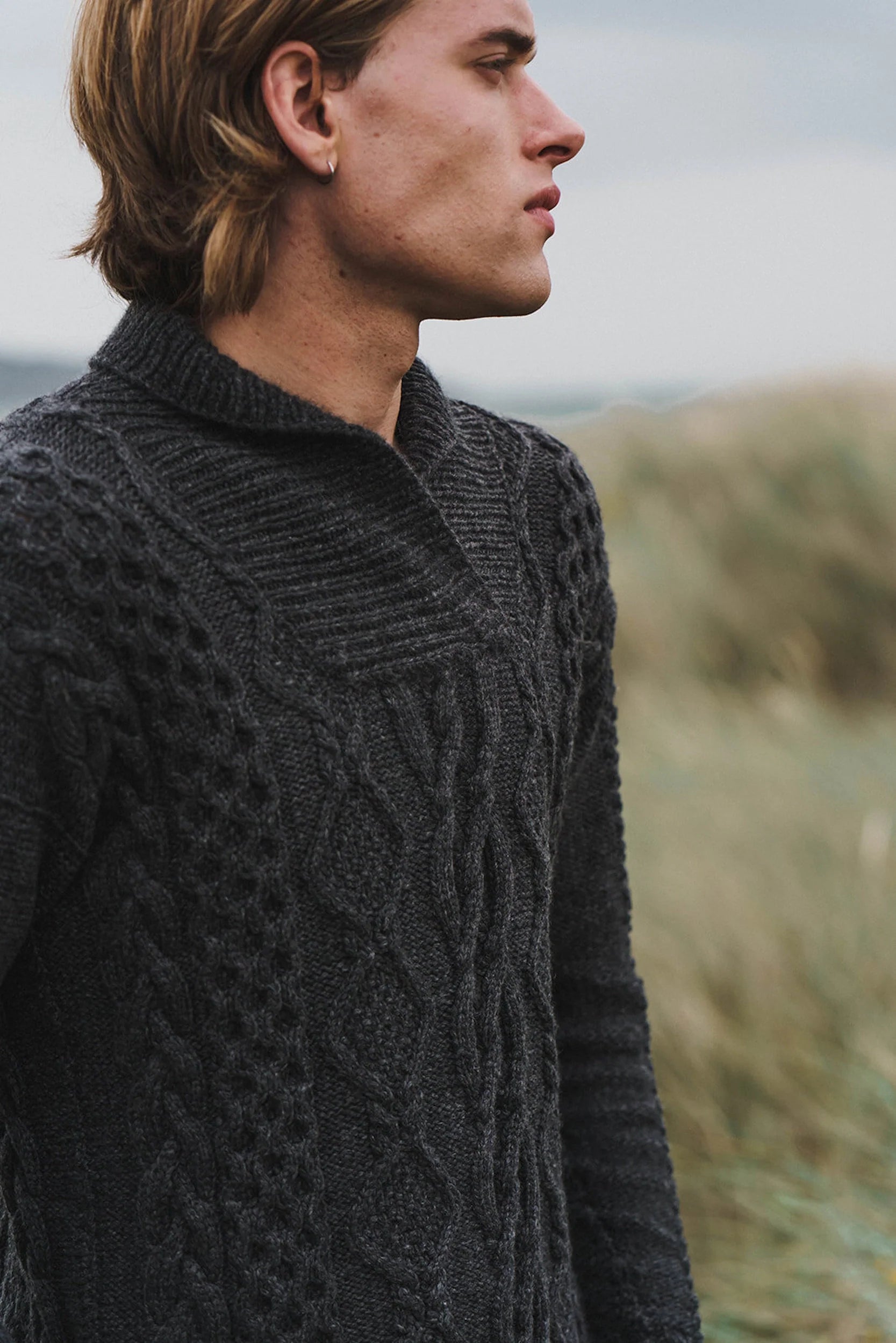 Luxury Cashmere Aran Sweater Mens in Grey