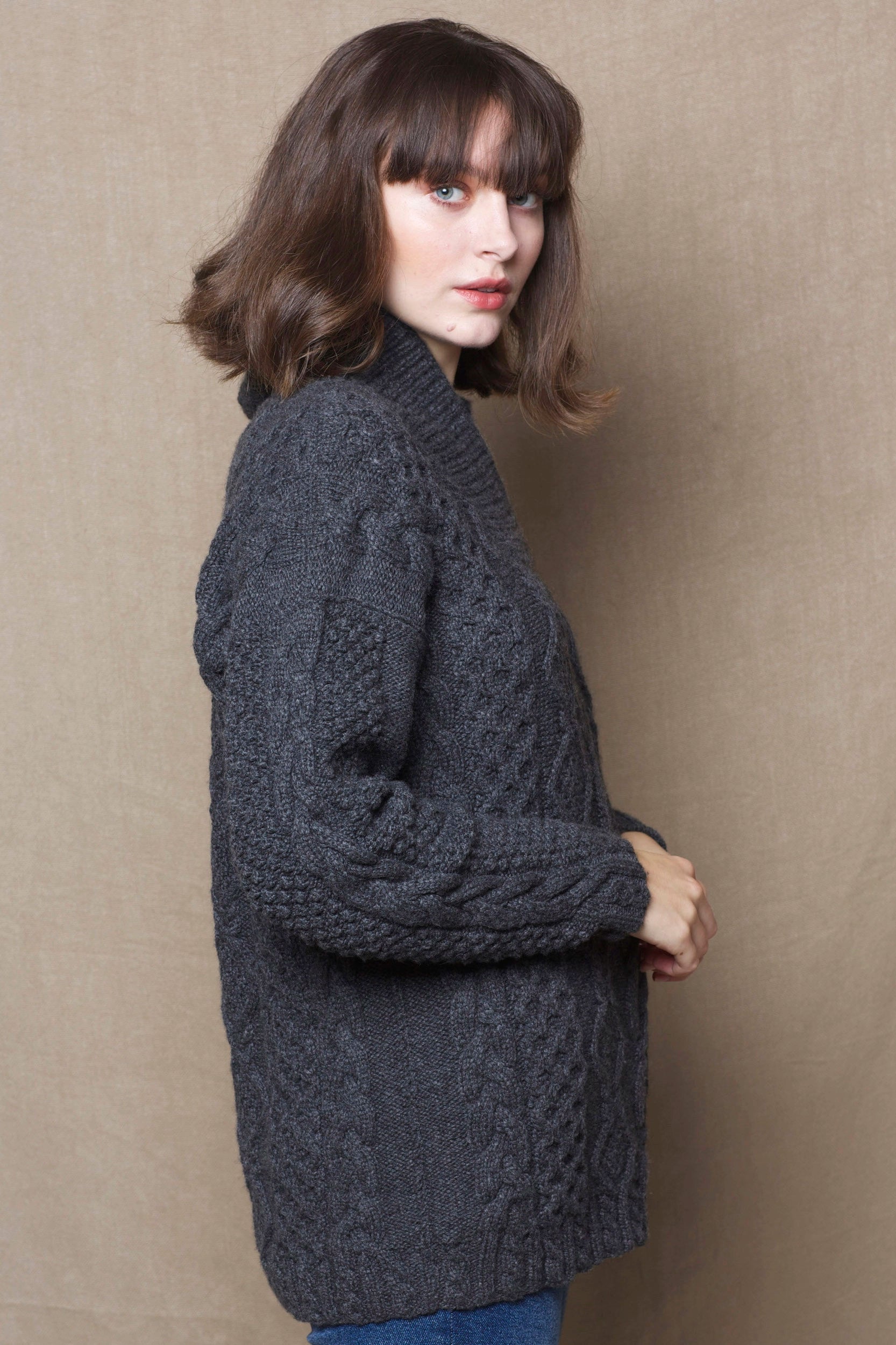 Luxury Cashmere Aran Sweater in Grey