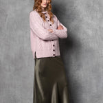 Cashmere Irish Aran Cardigan Sweater in Light Pink