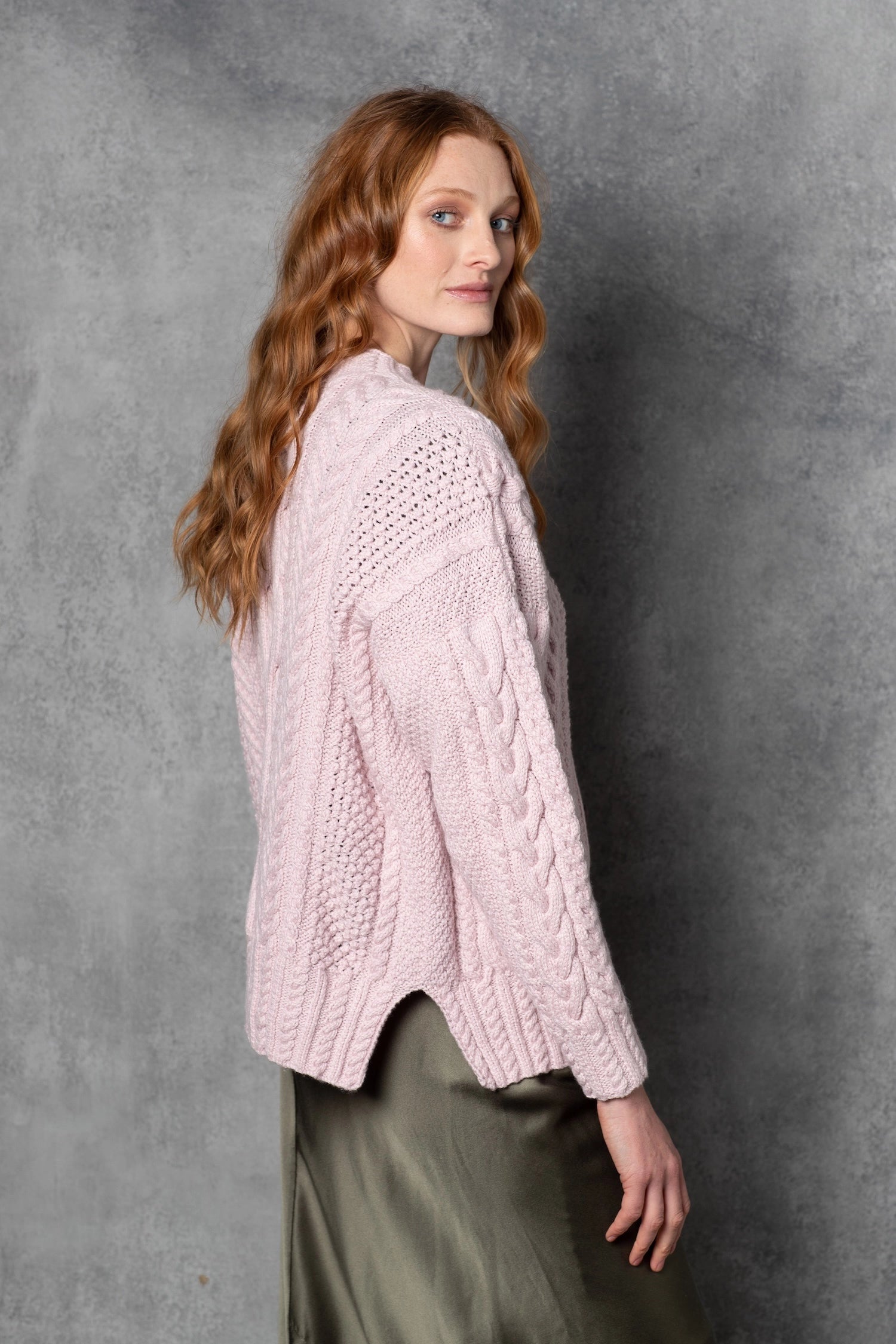 Cashmere Irish Aran Cardigan Sweater in Light Pink