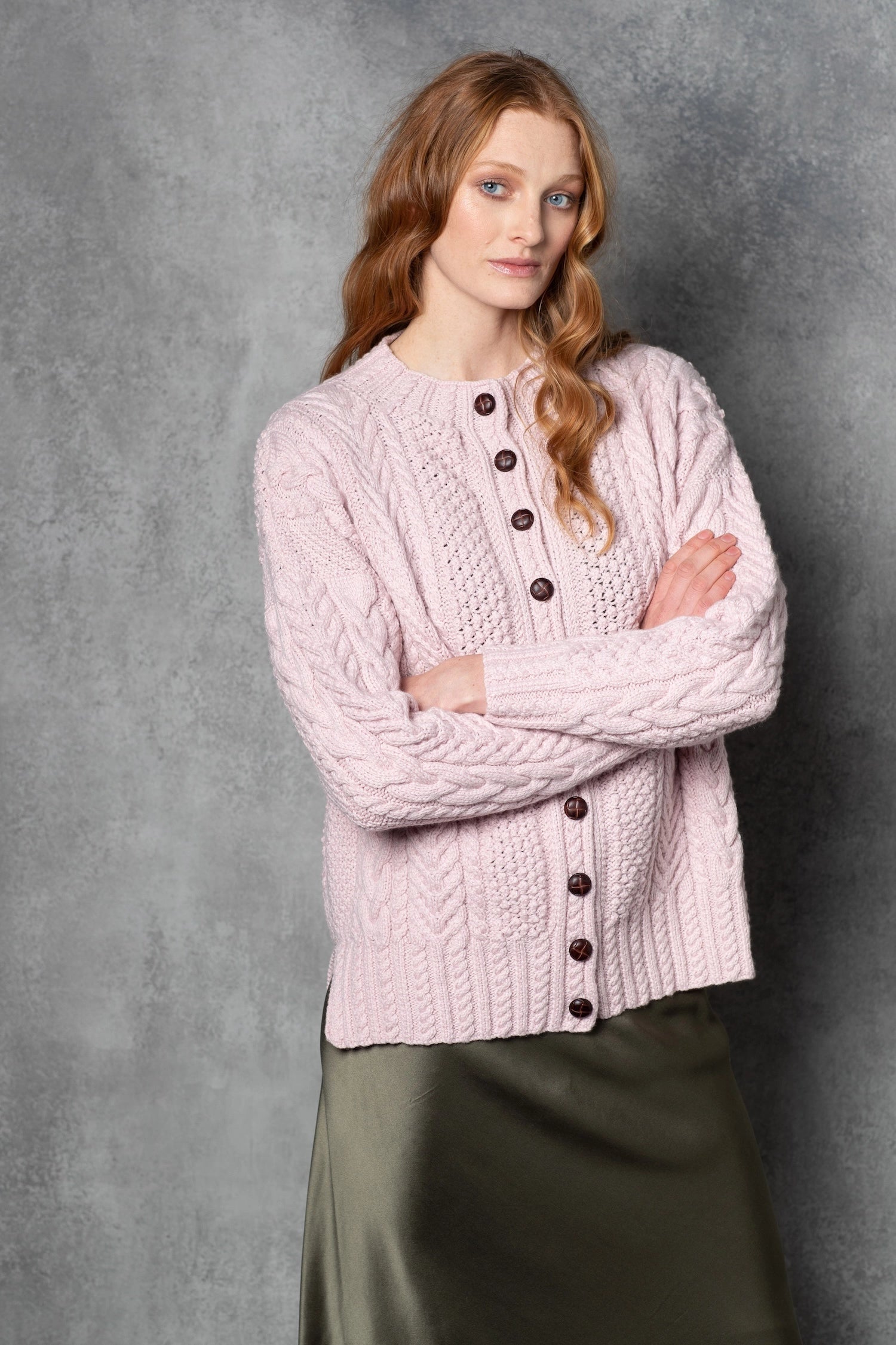 Cashmere Irish Aran Cardigan Sweater in Light Pink