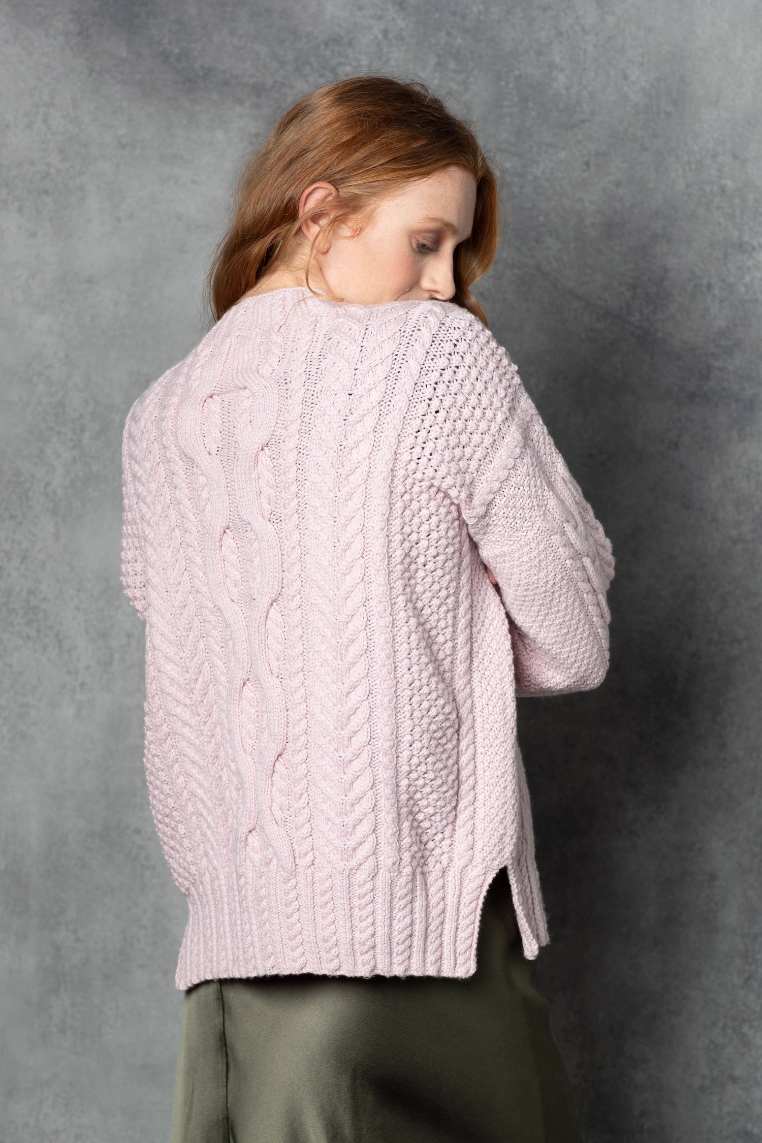Cashmere Irish Aran Cardigan Sweater in Light Pink