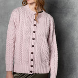 Cashmere Irish Aran Cardigan Sweater in Light Pink