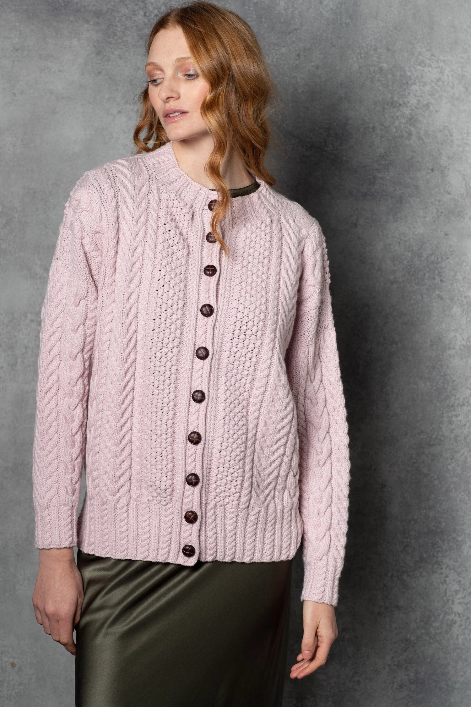 Cashmere Irish Aran Cardigan Sweater in Light Pink