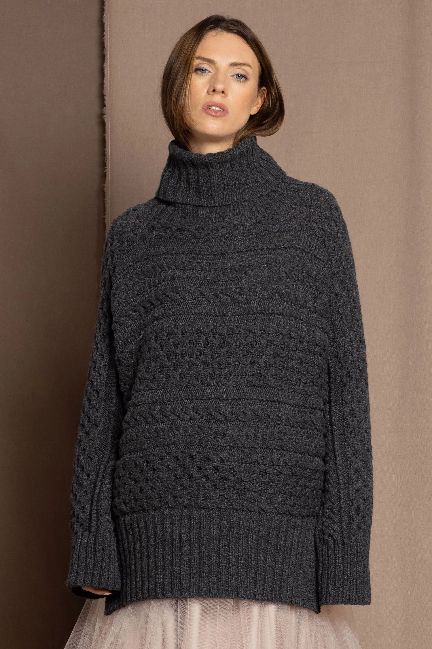 Oversized Cashmere Aran Sweater in Grey
