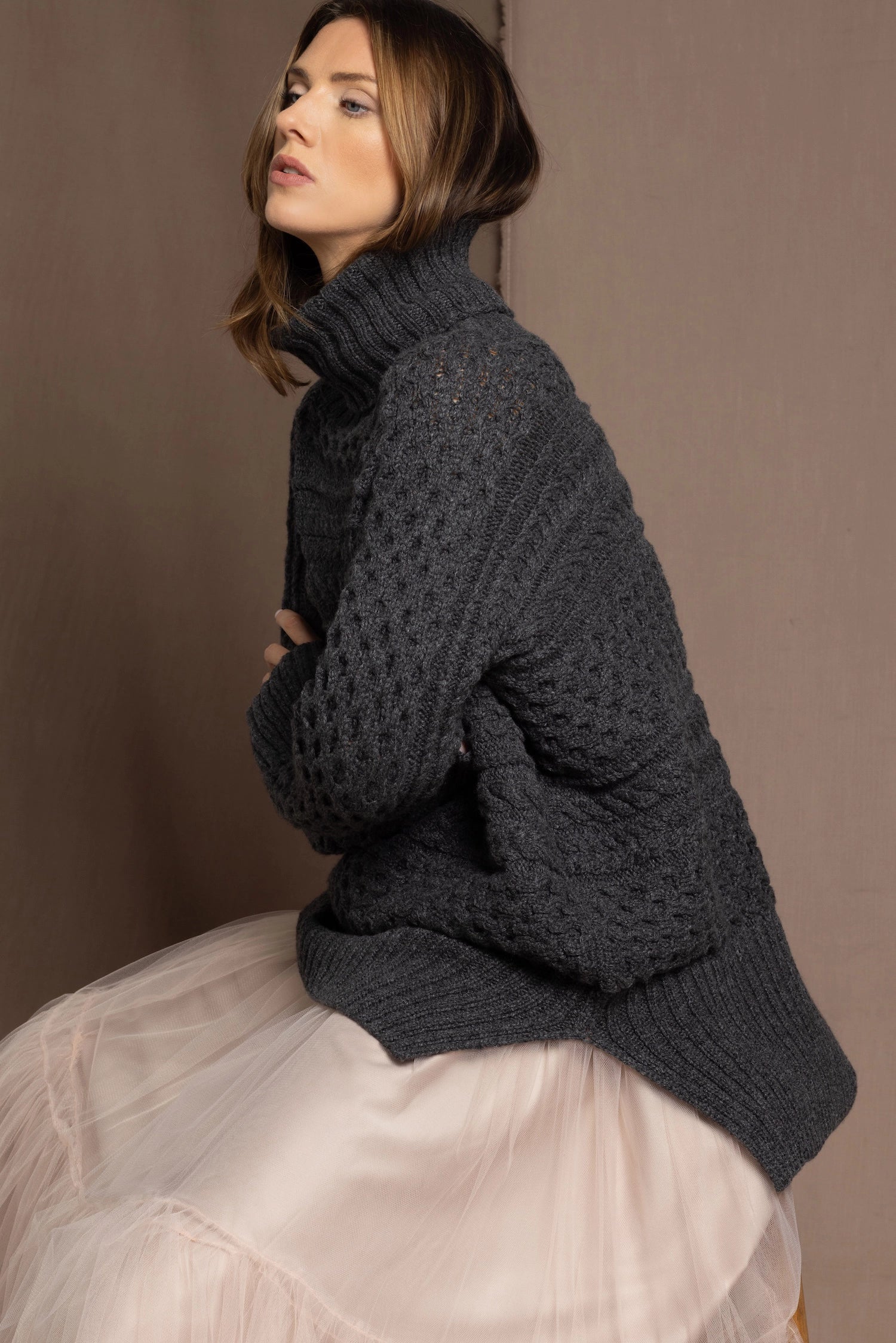 Oversized Cashmere Aran Sweater in Grey