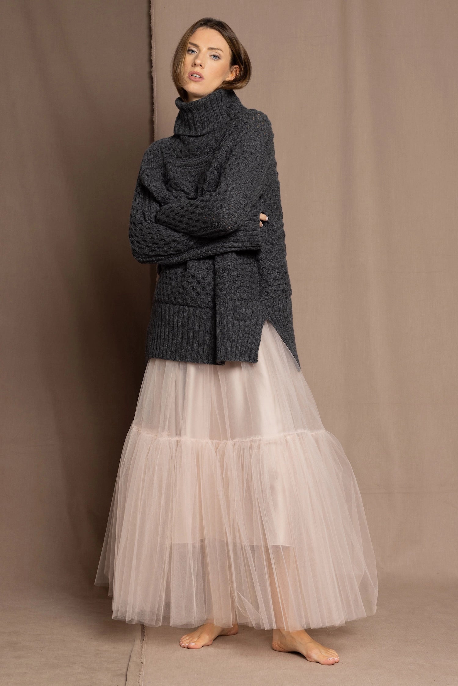 Oversized Cashmere Aran Sweater in Grey