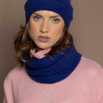 blue cashmere snood with matching beanie hat