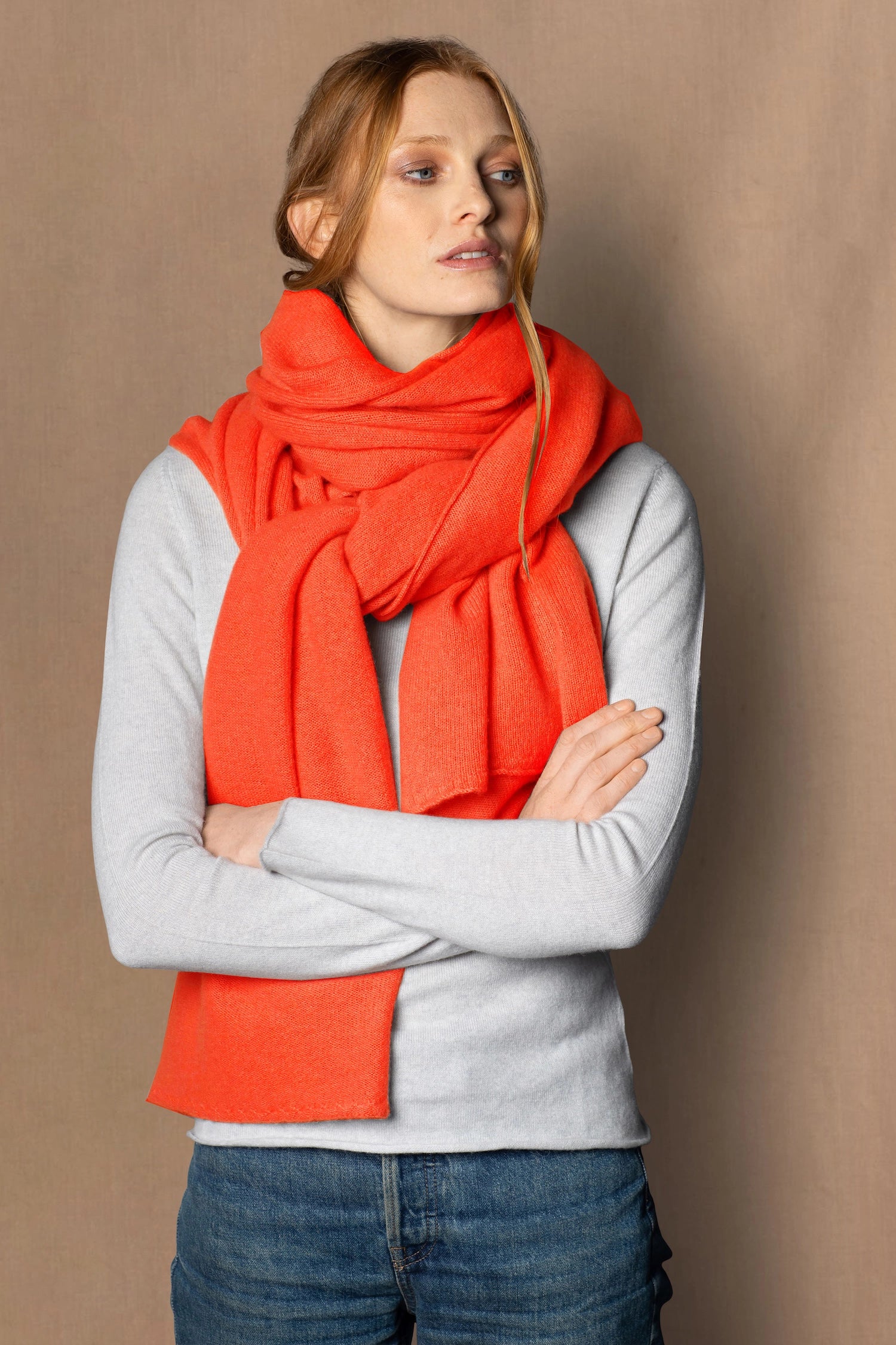 large cashmere wrap shawl in bright orange