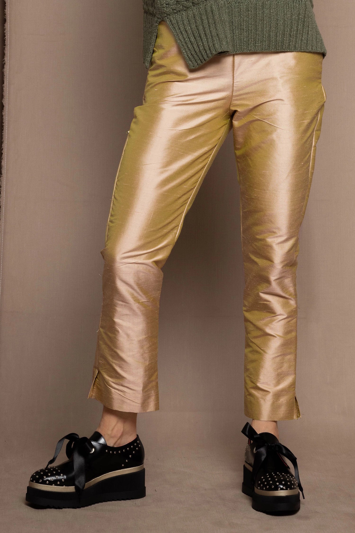 Silk Taffeta Cigarette Trousers in Gold