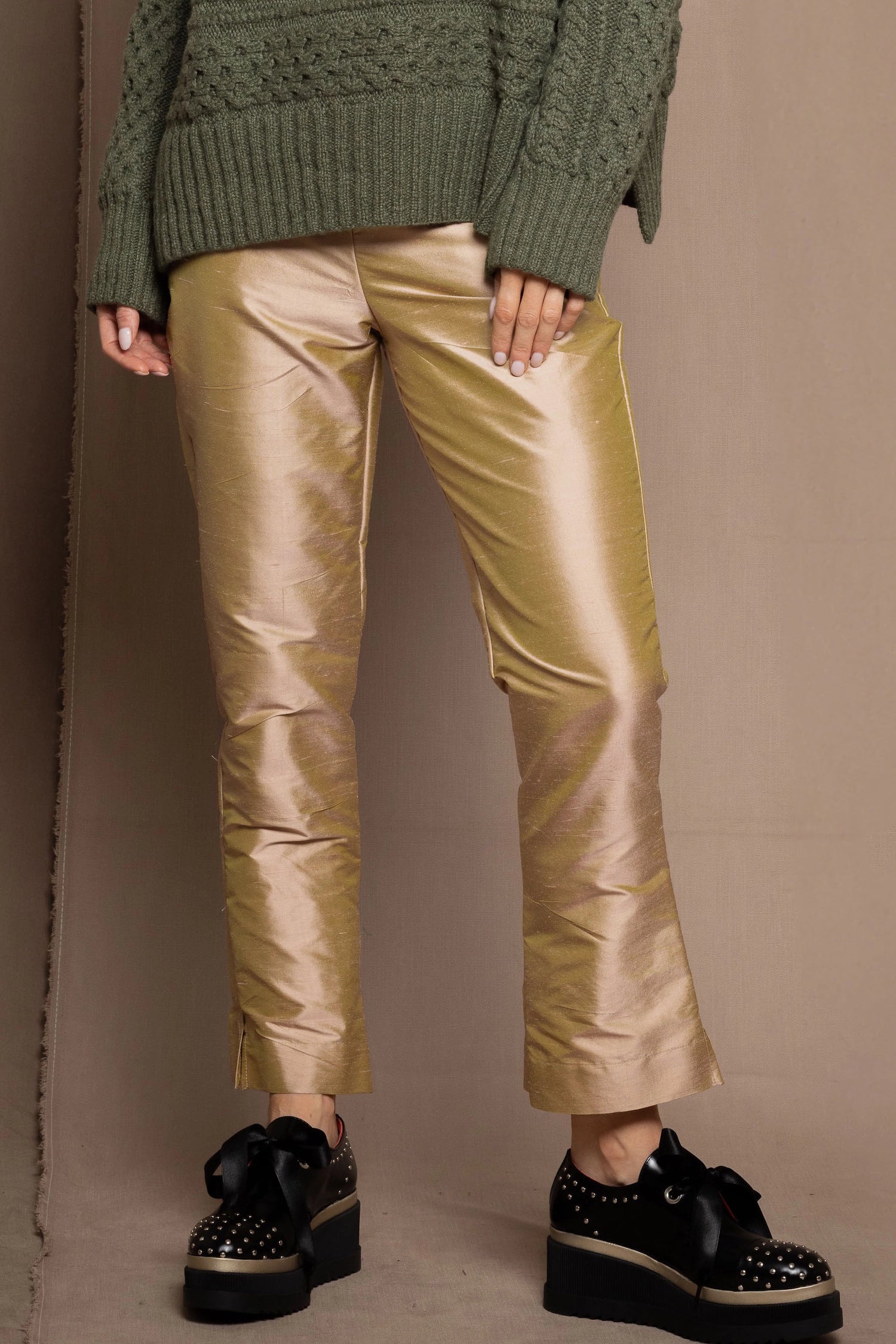 Silk Taffeta Cigarette Trousers in Gold