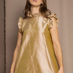 Silk Taffeta Ruffle Sleeveless Top in Gold