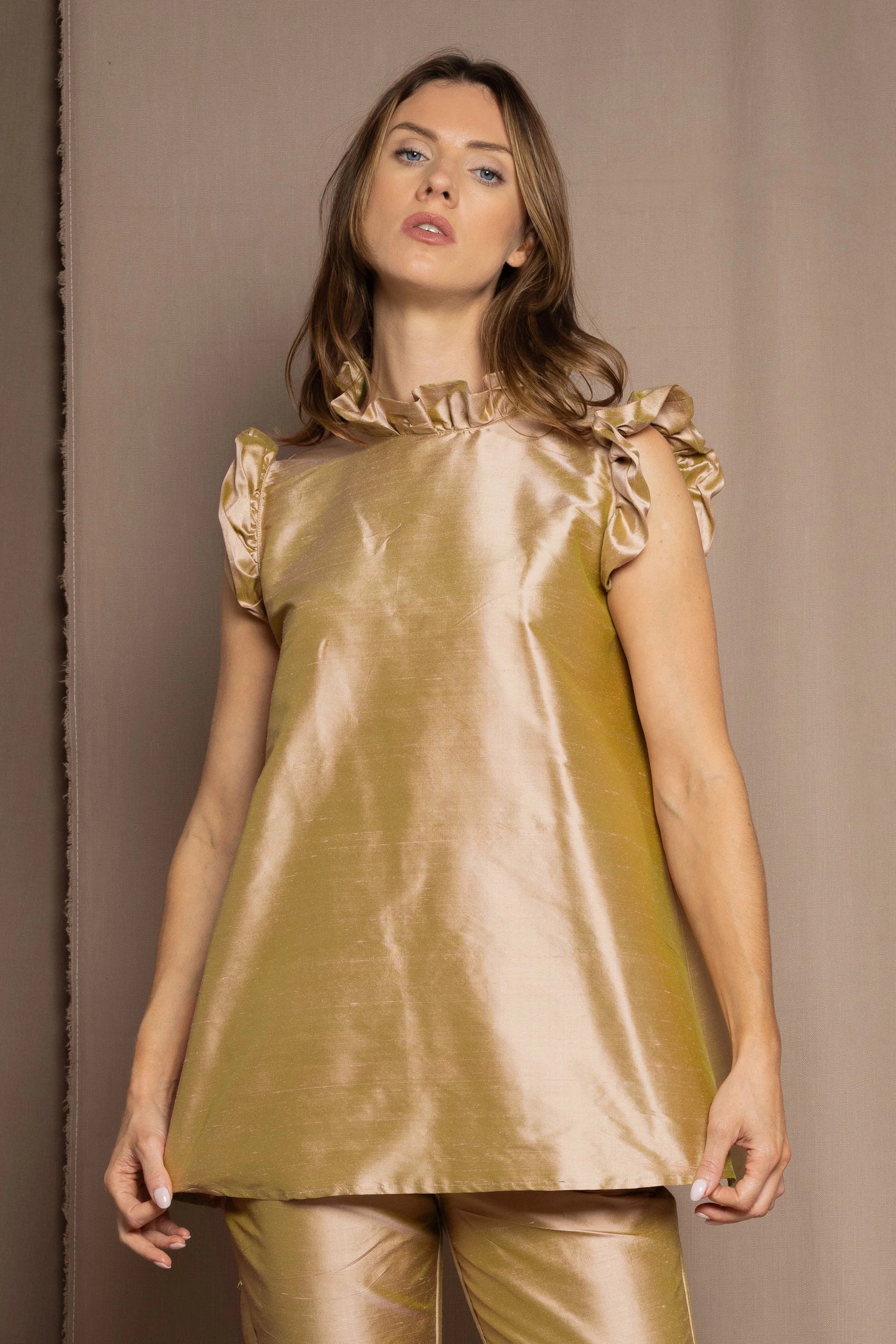Silk Taffeta Ruffle Sleeveless Top in Gold