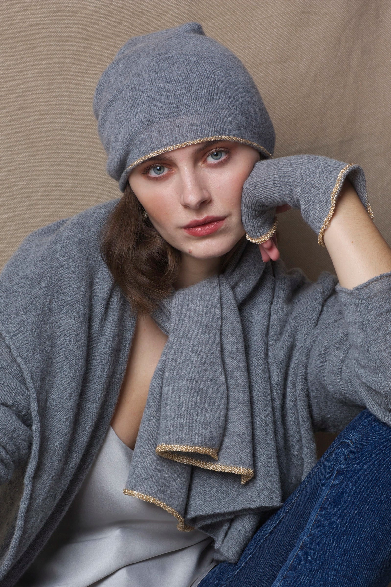 Gold Tipped Cashmere Kitten Scarf in Grey