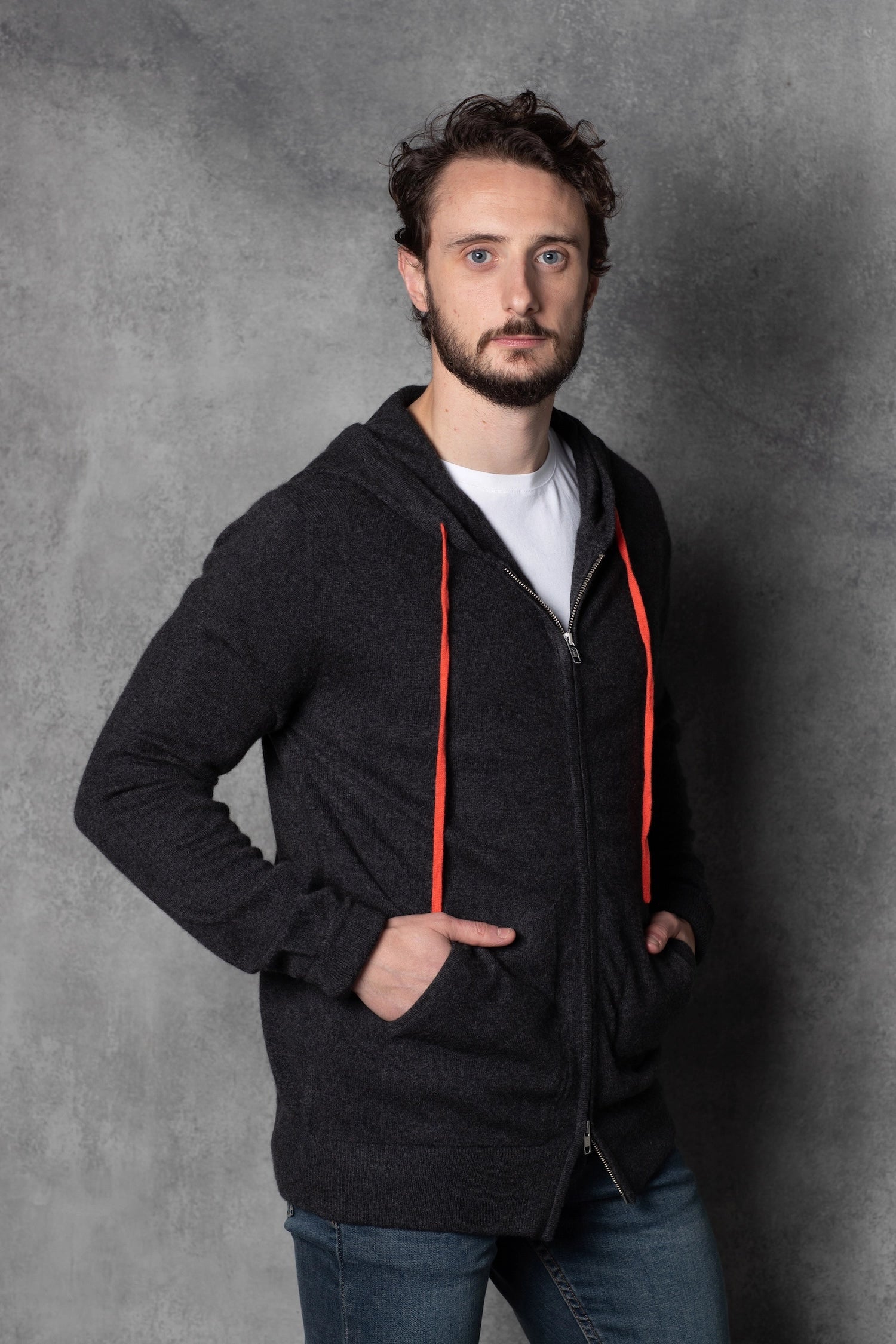 Men's luxury cashmere hoodie sweater in dark grey
