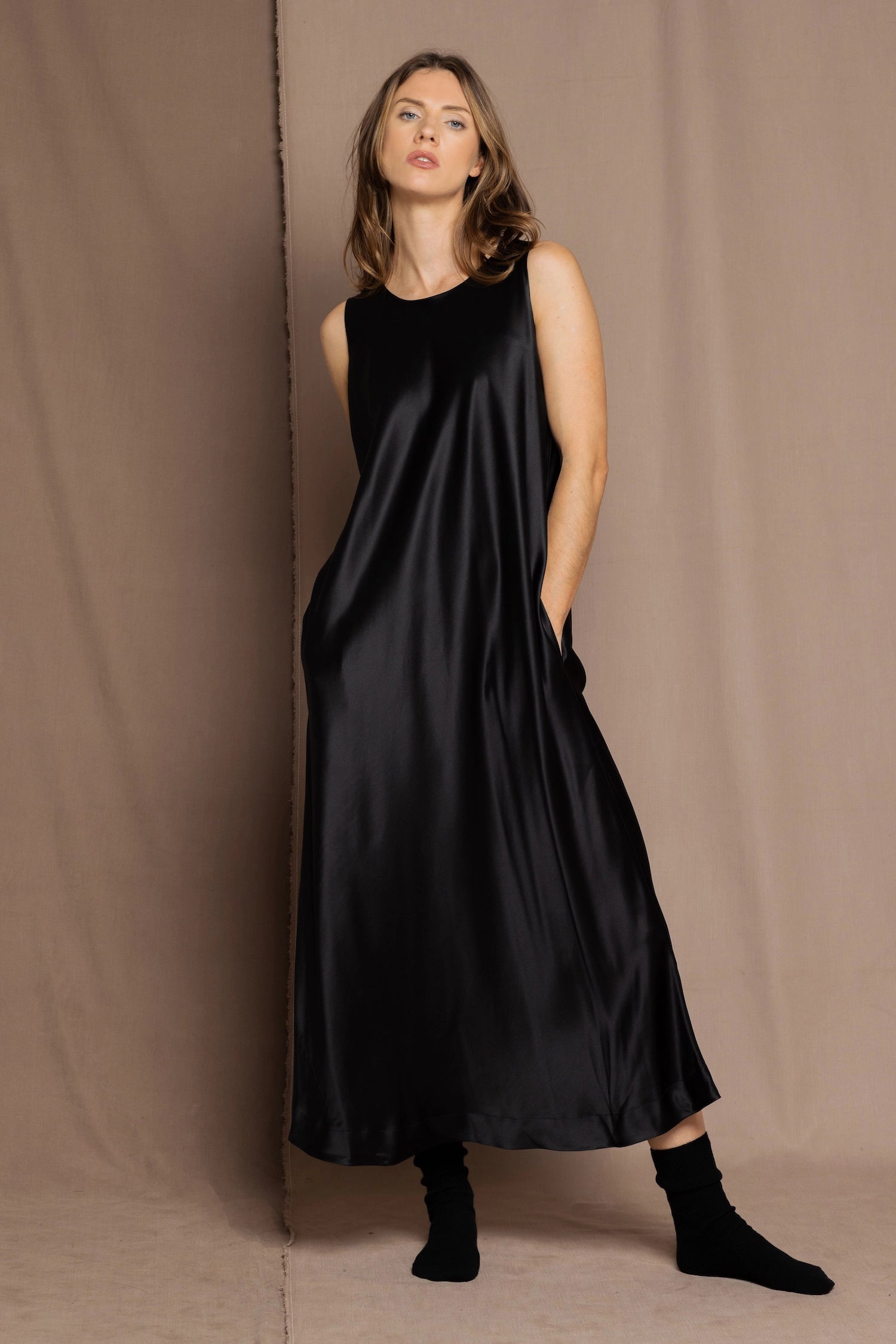 long silk dress in black