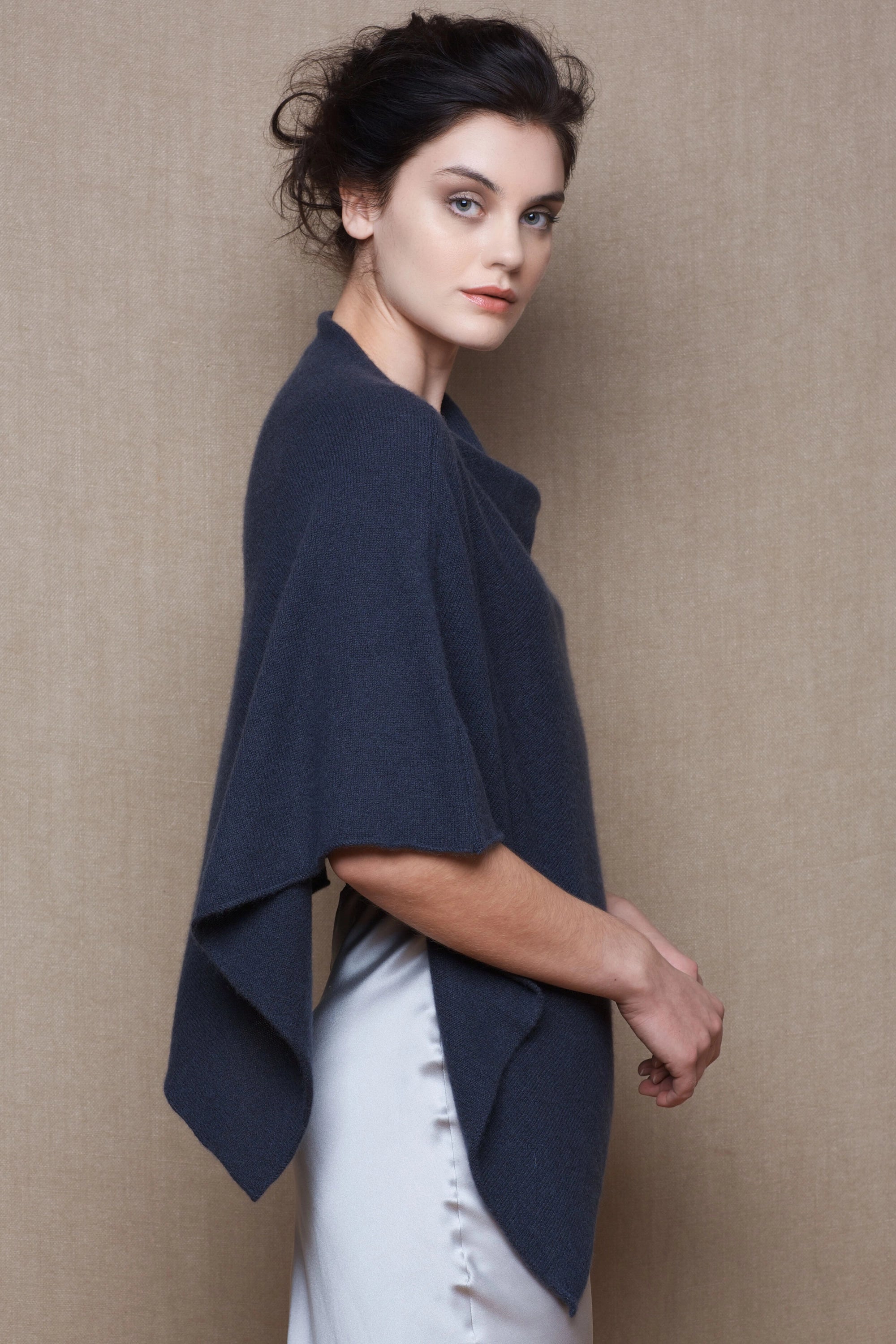 Luxury Cashmere Cape Poncho in Ink Blue