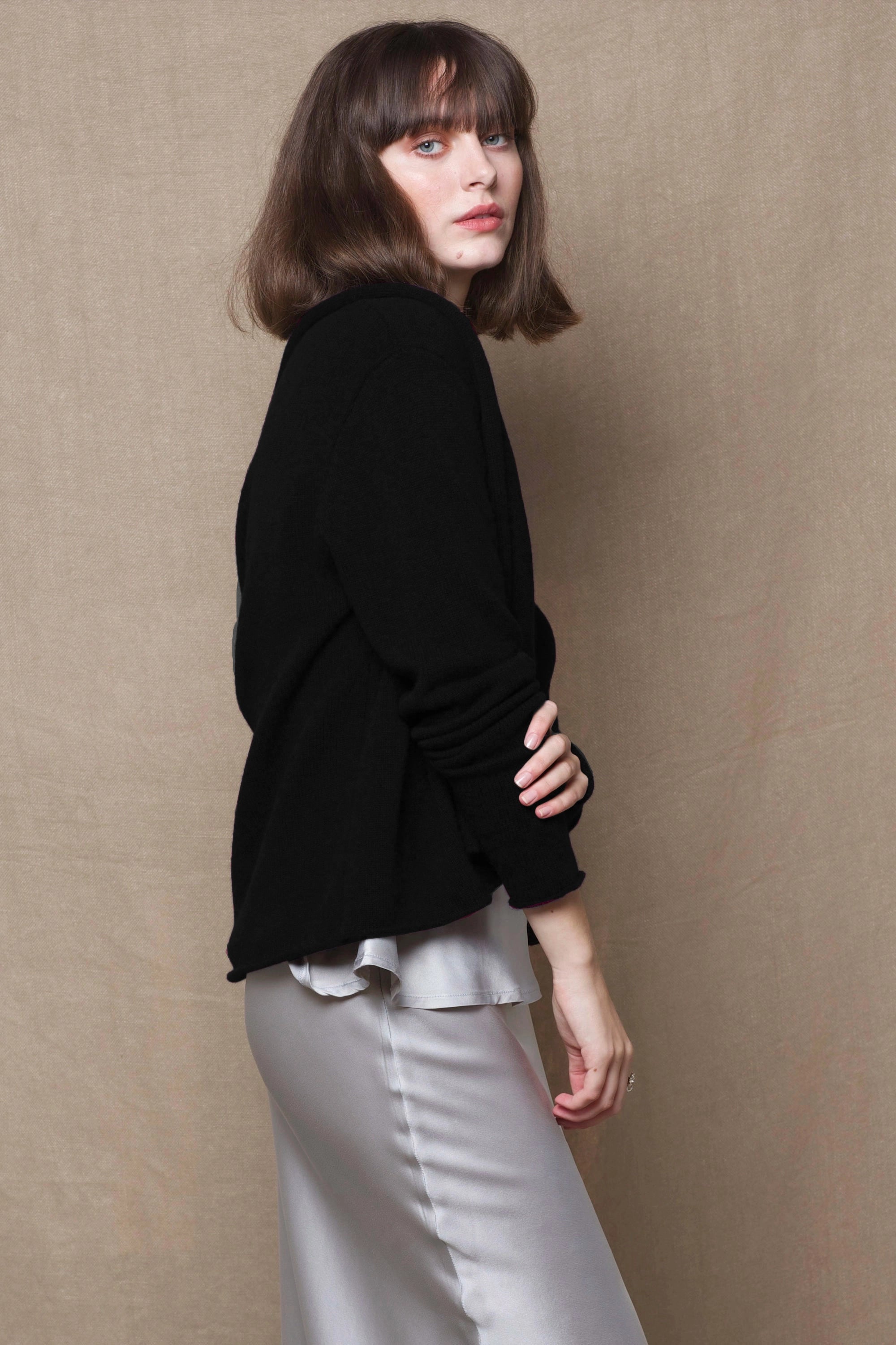 100% Cashmere Cardigan Shawl Sweater in Black