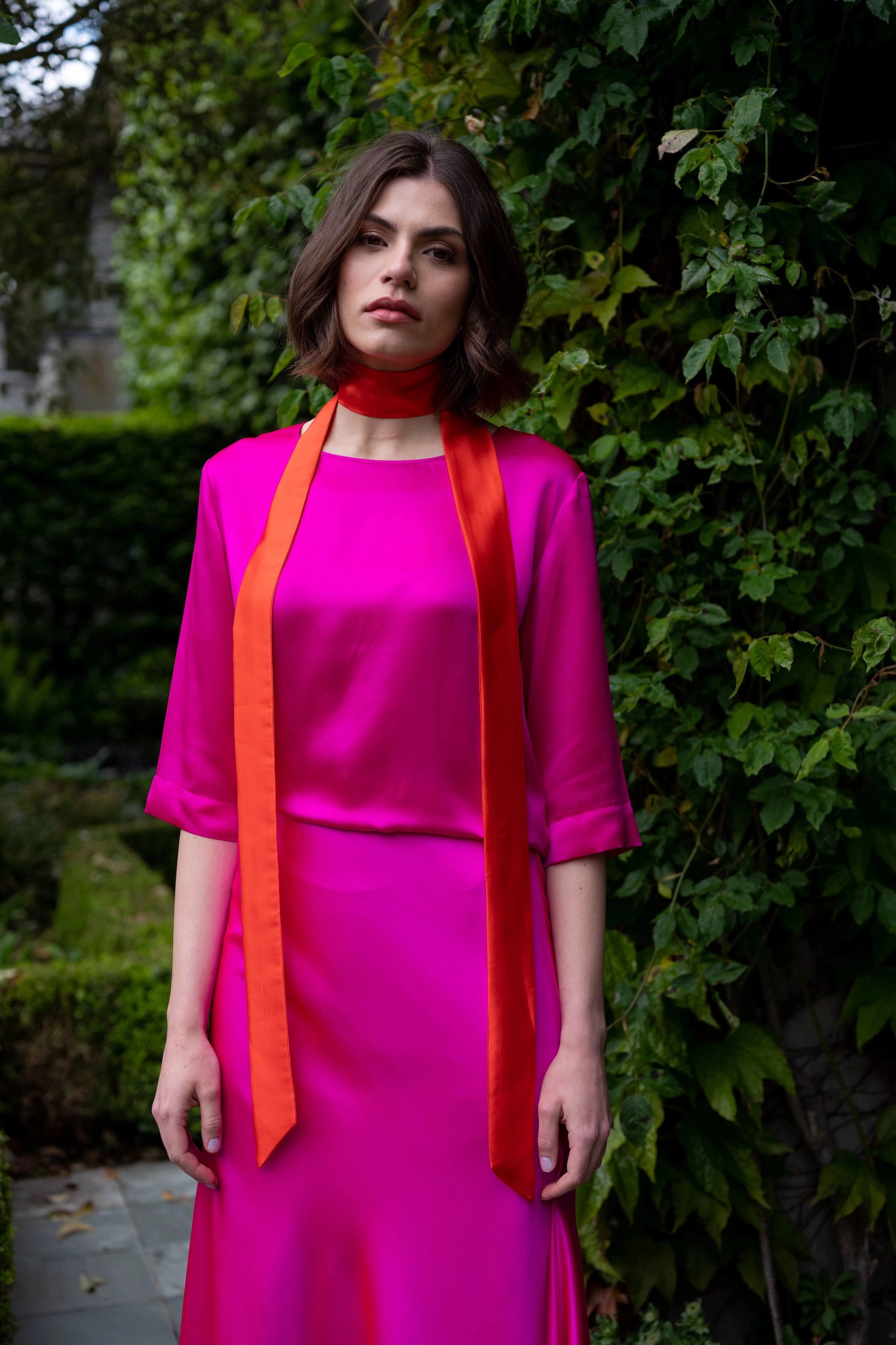 Luxury Silk Bracelet Sleeve Flowy Blouse in Pink