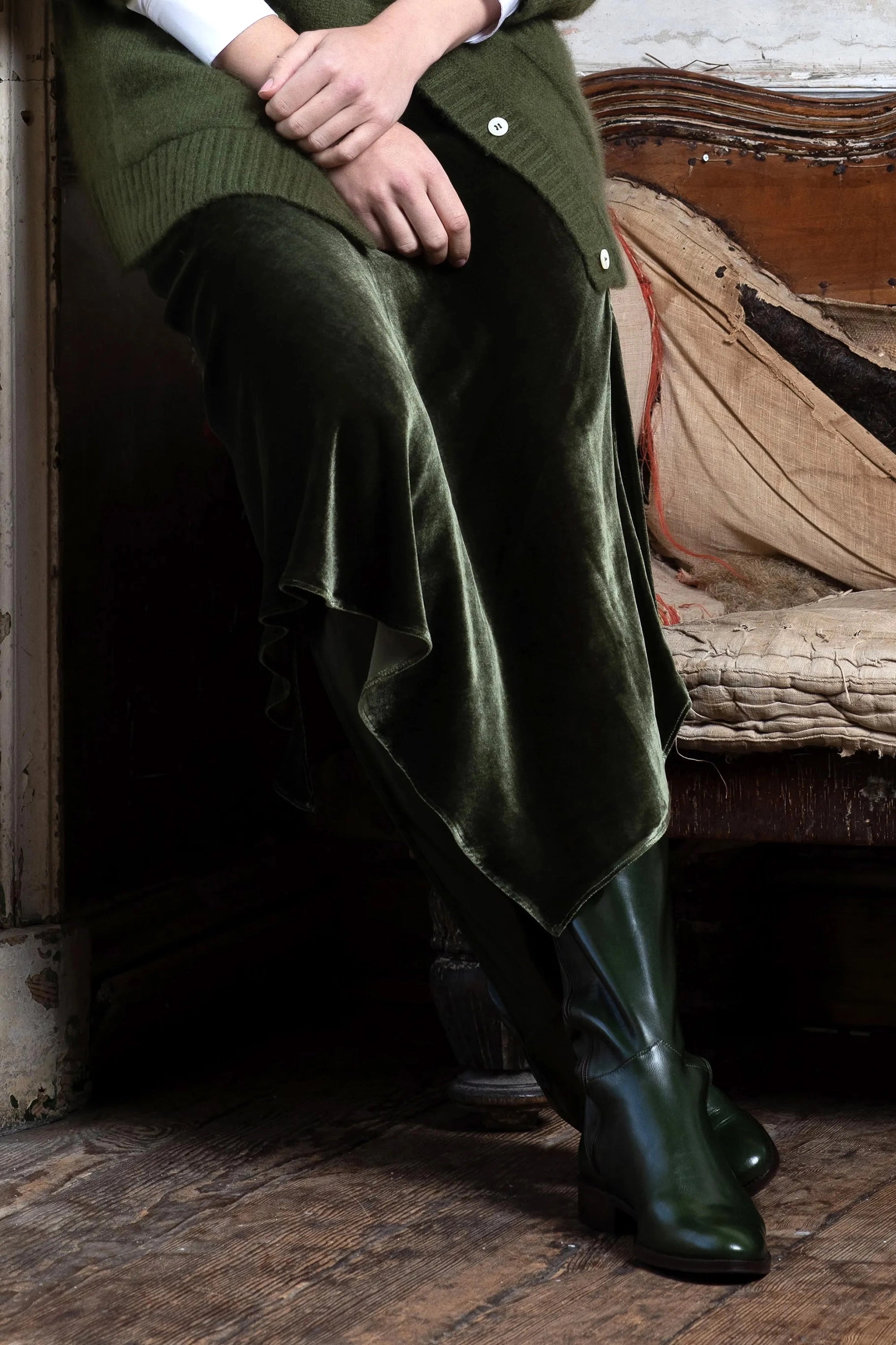 Luxury Silk Velvet Skirt in Green