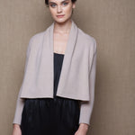 100% Cashmere Cropped Shawl Cardigan in Beige with Black Silk Trousers