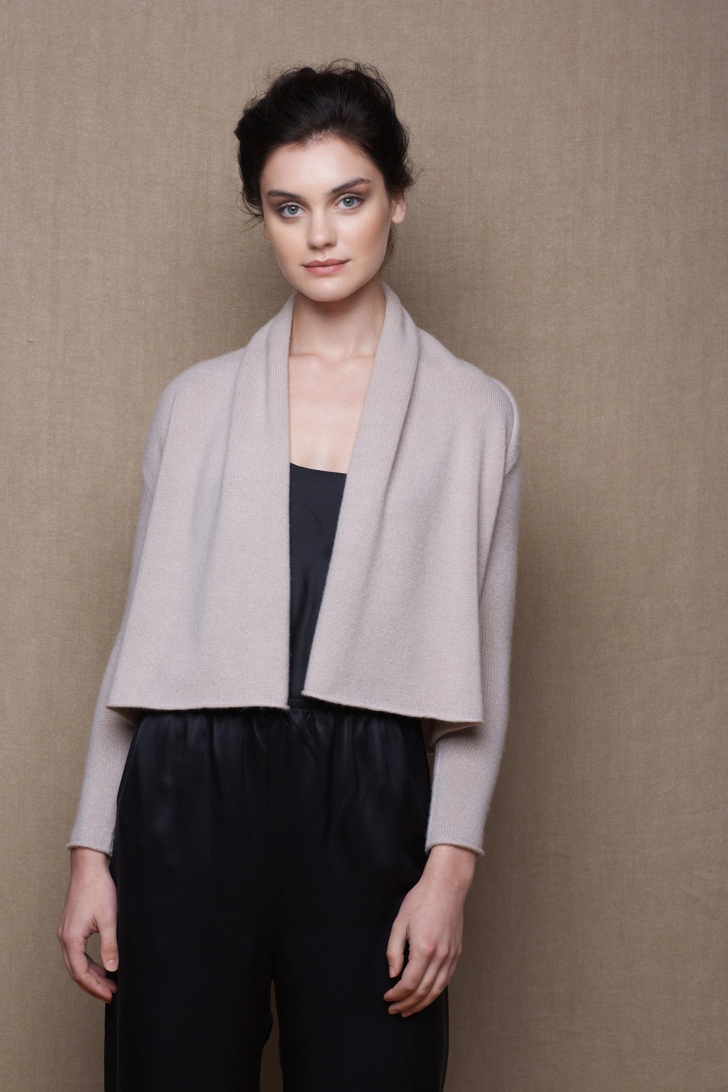 100% Cashmere Cropped Shawl Cardigan in Beige with Black Silk Trousers
