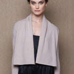 100% Cashmere Cropped Shawl Cardigan in Beige with Black Silk Trousers