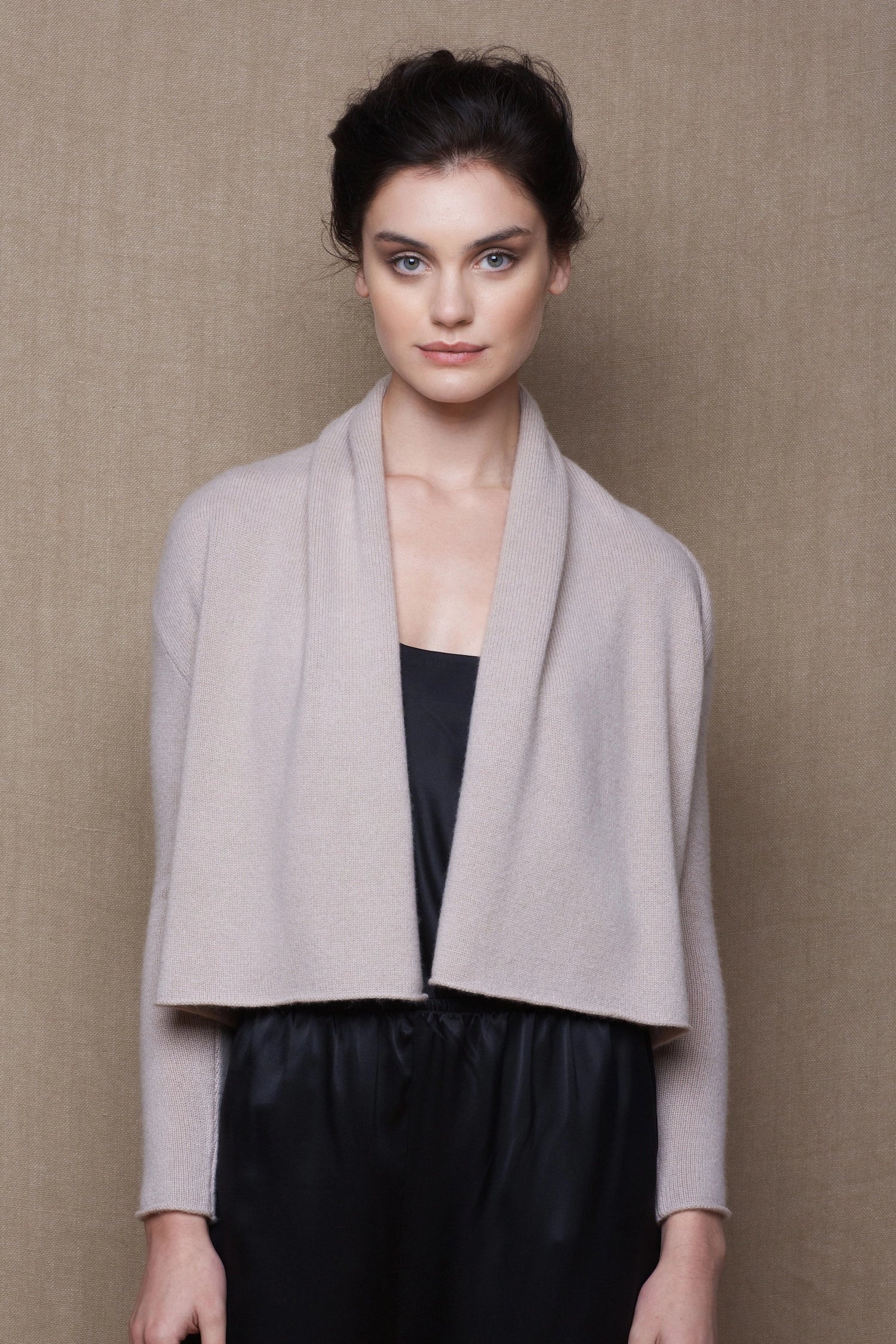 100% Cashmere Cropped Shawl Cardigan in Beige with Black Silk Trousers