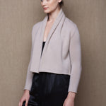 100% Cashmere Cropped Shawl Cardigan in Beige with Black Silk Trousers