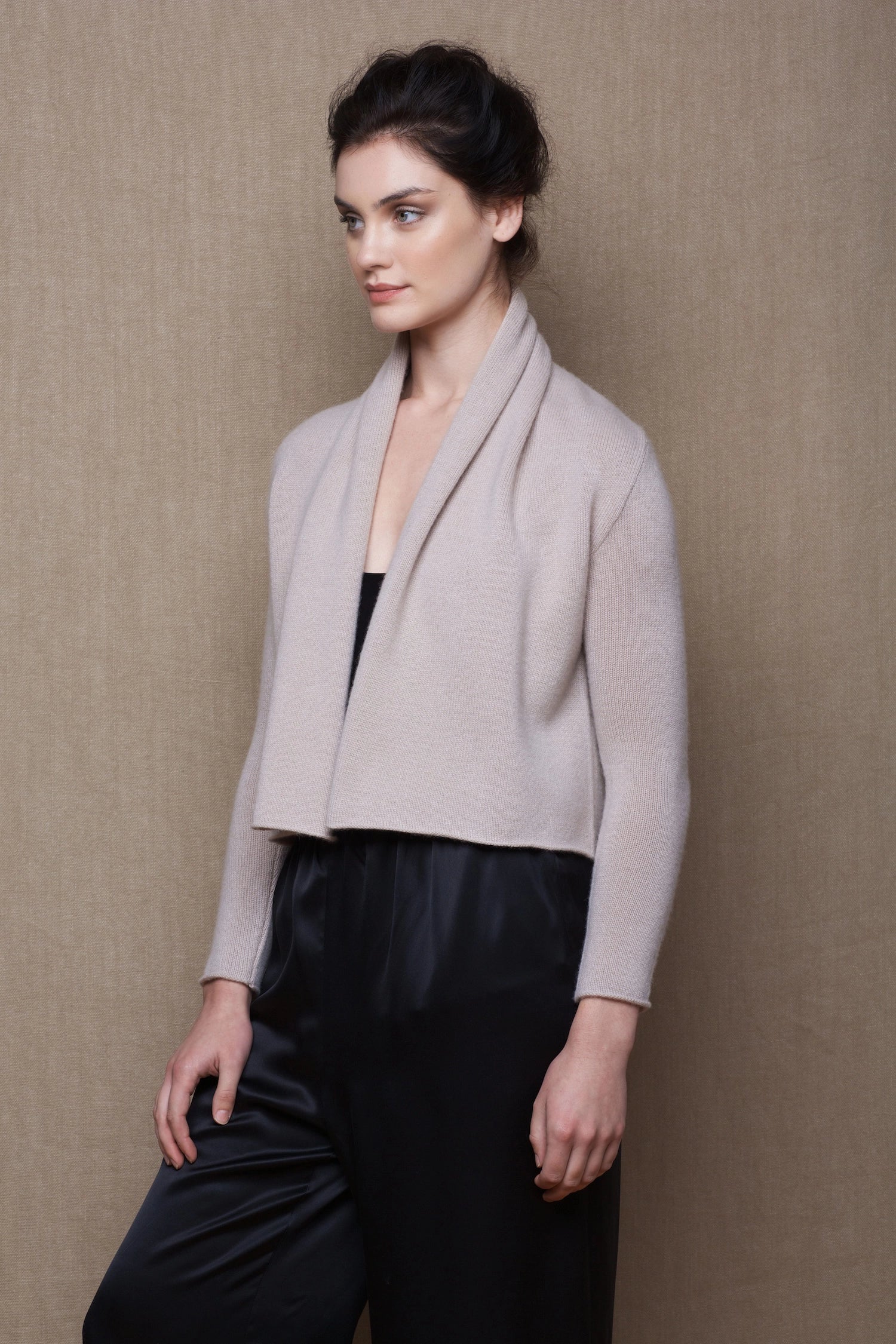 100% Cashmere Cropped Shawl Cardigan in Beige with Black Silk Trousers