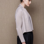 100% Cashmere Cropped Shawl Cardigan in Beige with Black Silk Trousers