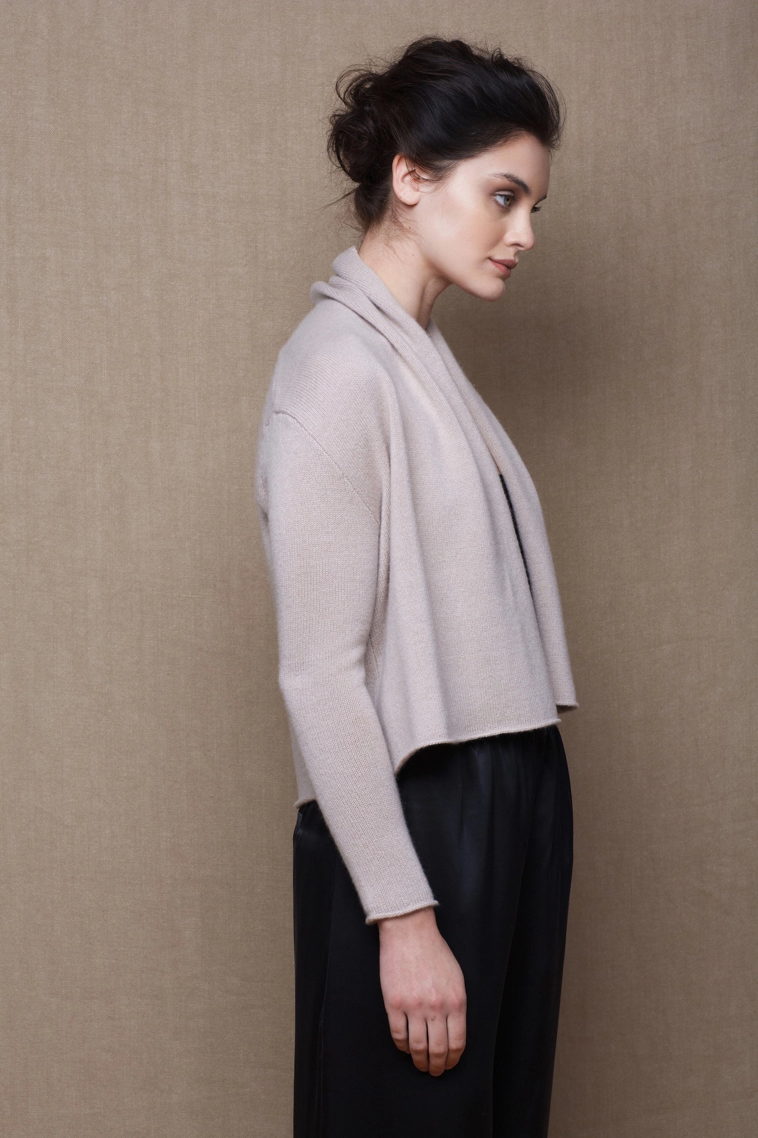 100% Cashmere Cropped Shawl Cardigan in Beige with Black Silk Trousers