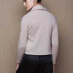 100% Cashmere Cropped Shawl Cardigan in Beige with Black Silk Trousers