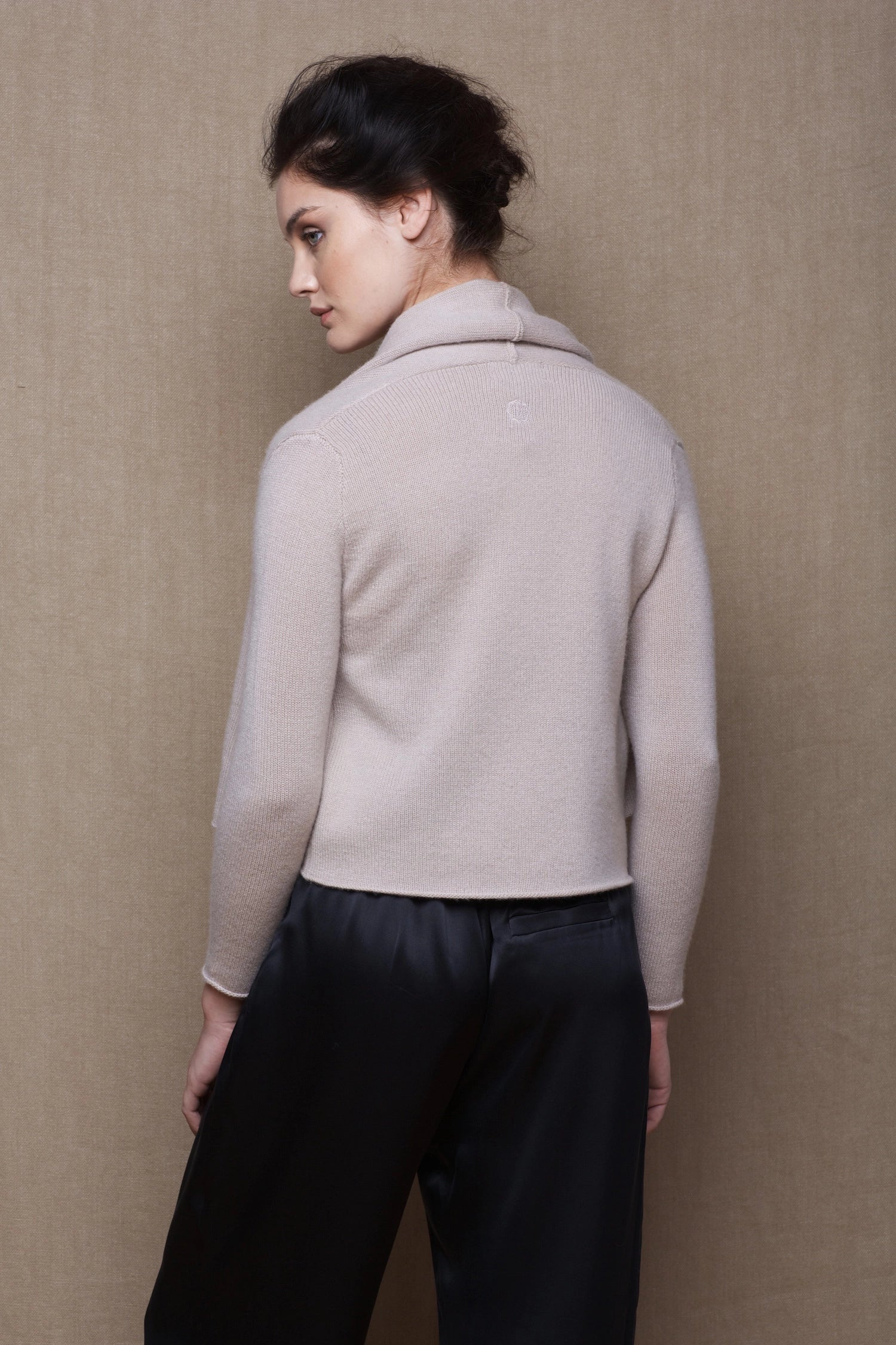 100% Cashmere Cropped Shawl Cardigan in Beige with Black Silk Trousers