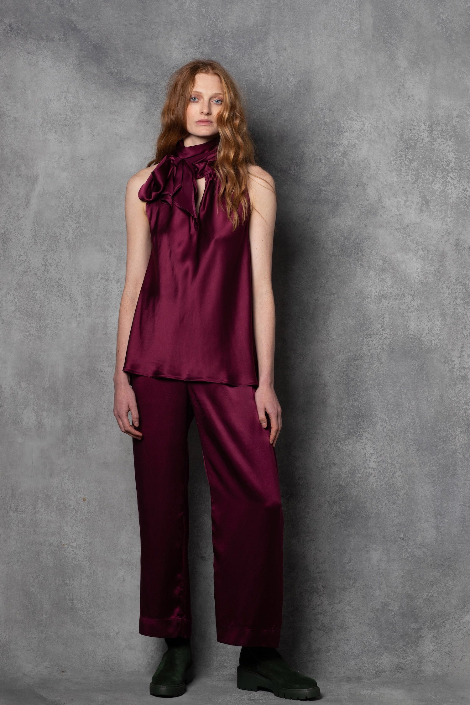 Luxury Silk Bow Halter Top in wine colour