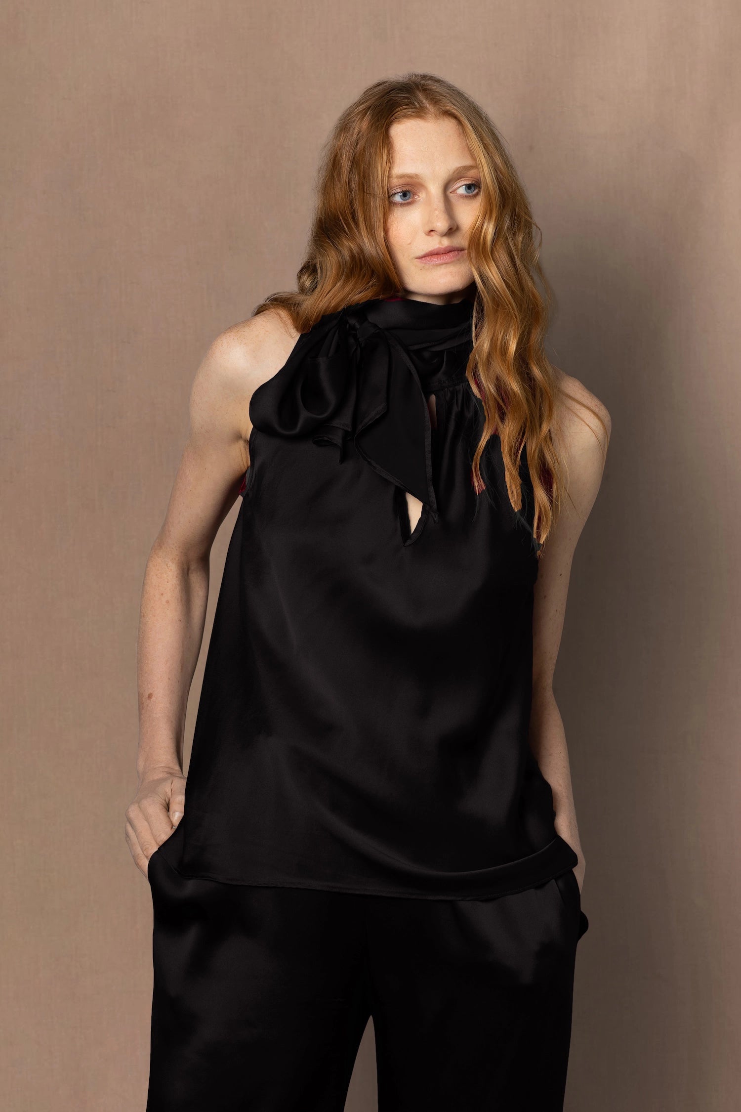 Silk Top with Bow Around Neck in Black