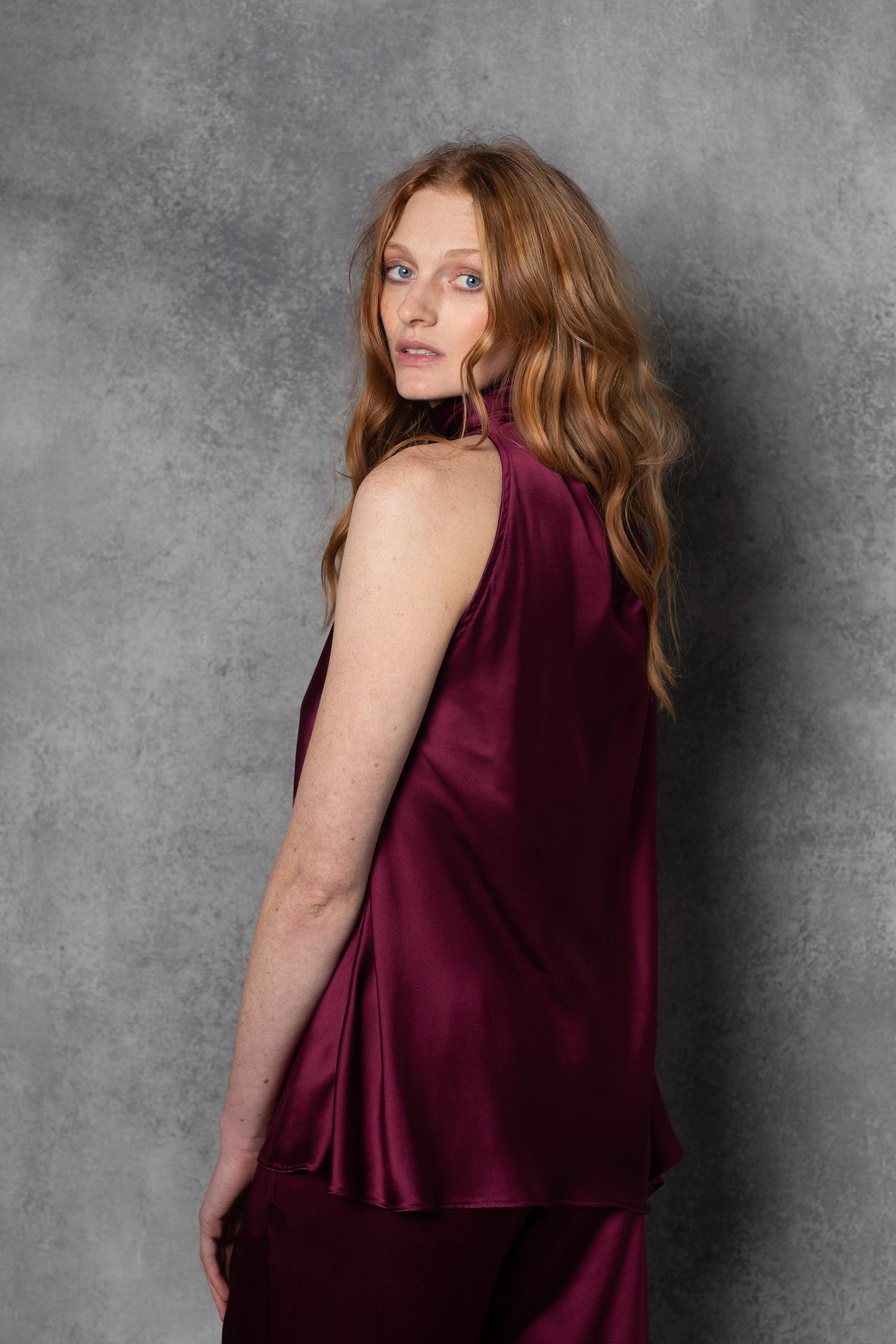 Luxury Silk Bow Halter Top in wine colour