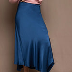 asymmetrical silk skirt in teal blue