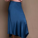 asymmetrical silk skirt in teal blue
