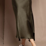 green silk skirt
