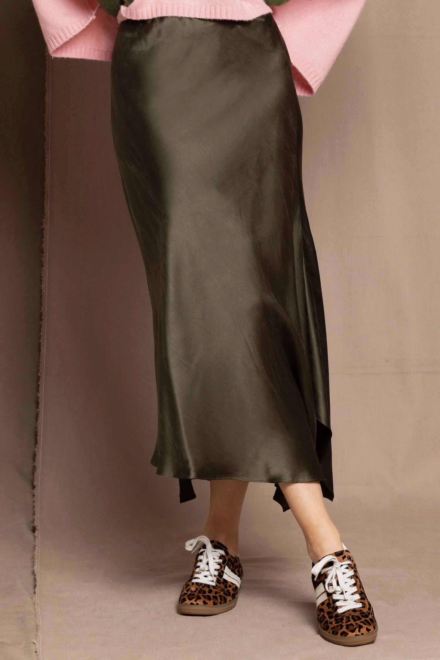 green silk skirt