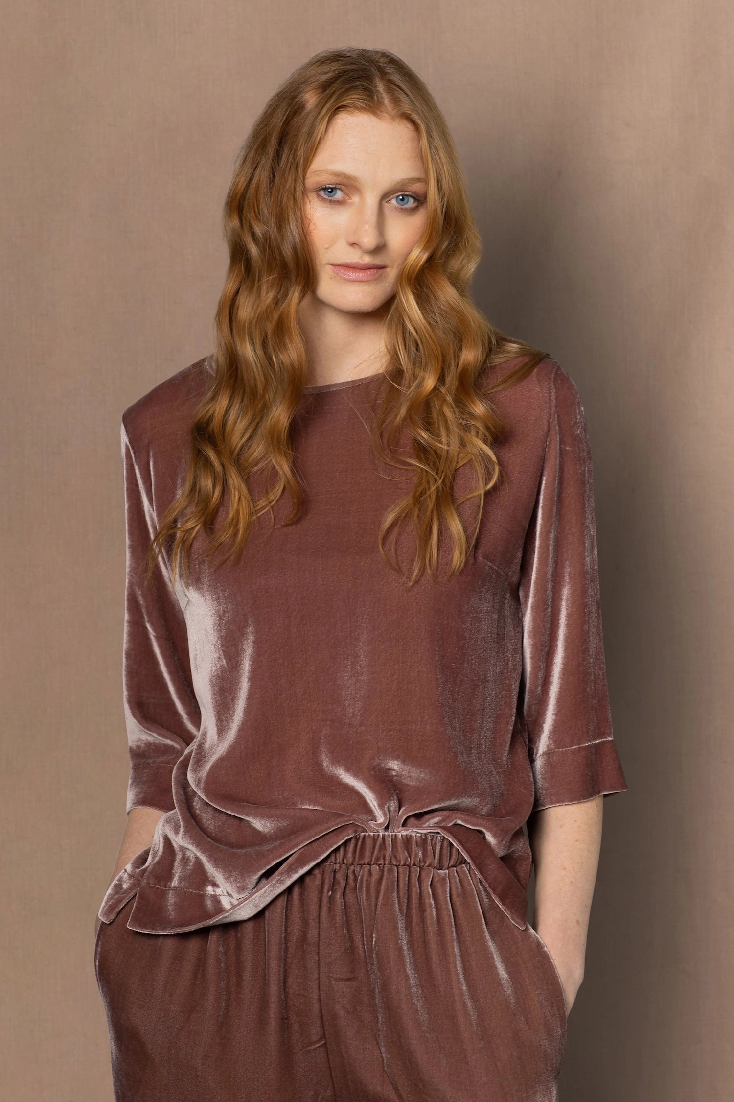 Luxury Silk Velvet Top in Dusty Pink